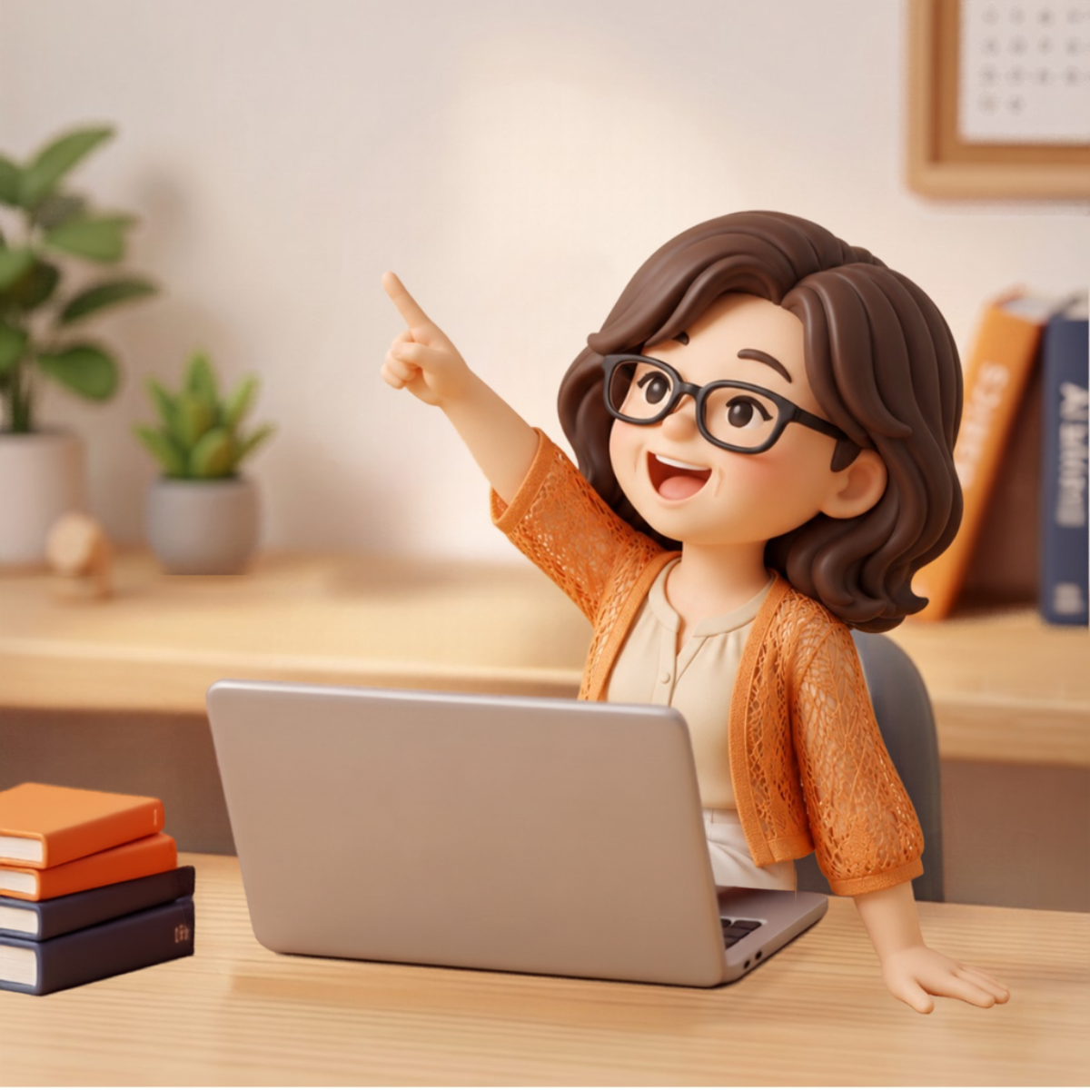 パソコンの前で斜め上を指さす、ひかりの3Dミニキャラクター